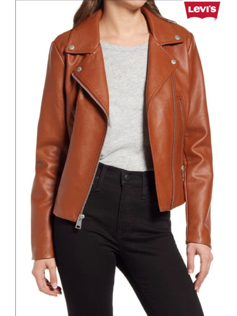 LEVI'S NWT FAUX LEATHER DARK CAMEL MOTO JACKET. SIZE L